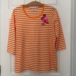 Quacker Factory Orange White Striped Pink Sequin Flamingo 3/4 Sleeve Top M